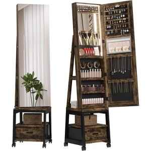 LED Mirror Jewelry Armoire, 360° Swivel, Vertical Jewelry Organizer with Lockable Lockers, Drawers, Mobility Wheels, Foldable Makeup Shelf - 1 of 4