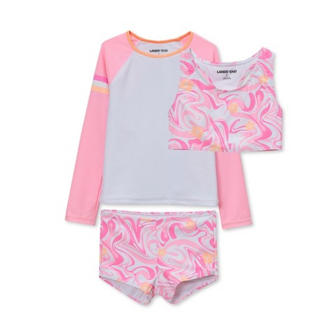 Lands' End Kids Chlorine Resistant Long Sleeve Rash Guard Kidshort 3 Piece Swimsuit Set - X-Large - Pink Marble Floral