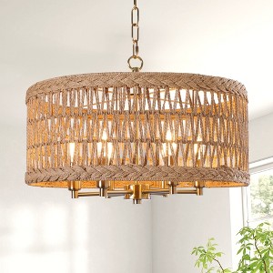 LamQee 6-Light Farmhouse Drum Rattan Chandeliers, Boho Chandelier Light Fixture with Hand Woven Wicker Shade for Kitchen, Bedroom - 1 of 4