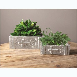 Manual Woodworkers and Weavers Holy Bible Planter Set of 2, Decorative Religious Book-Inspired Planters for Home or Garden Display - 1 of 2