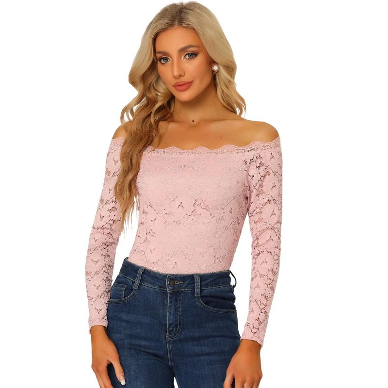 Allegra K Women's Off Shoulder Floral Lace Sheer Long Sleeves Lined Casual Blouse, 1 of 6