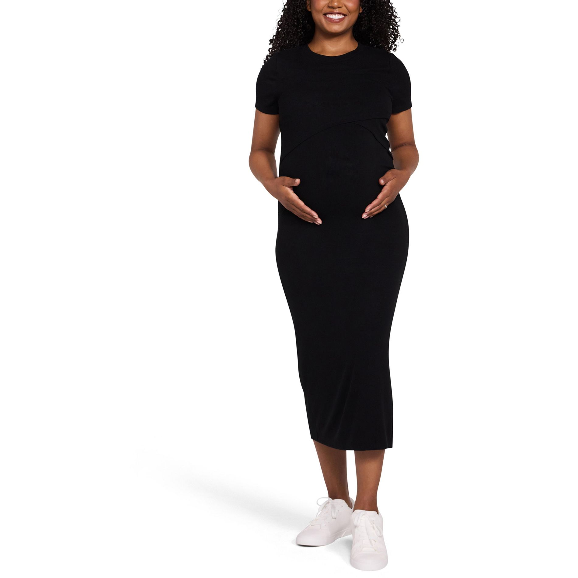 Women's Crew Neck Short Sleeve Nursing Midi Dress | Motherhood Maternity
