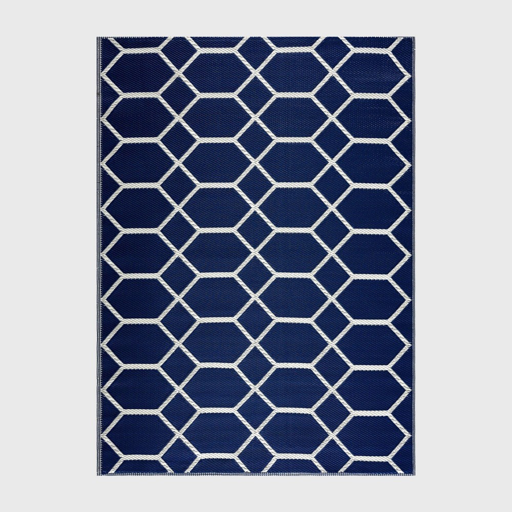 Playa Rug 4'x6' Miami Recycled Plastic Rectangle Woven Indoor Outdoor Floor Mat Navy and Creme