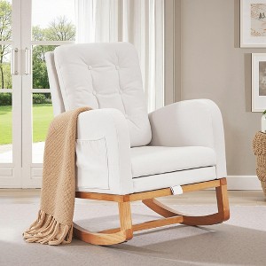 VECELO Modern Upholstered Rocking Chair with Padded Seat & Solid Wood Base, Linen Rocker Armchair for Living Room, White/Gray - 1 of 4