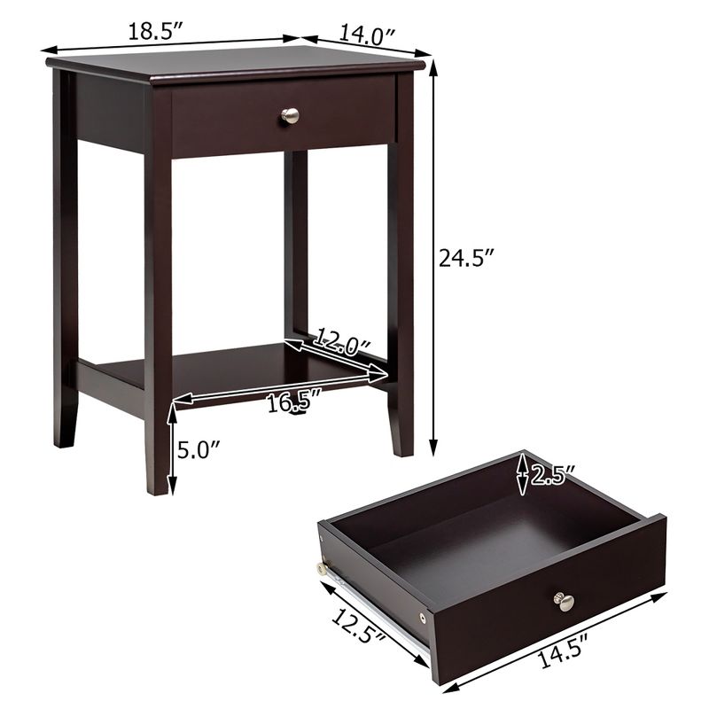 Costway Nightstand End Table Storage Display Bedroom Furniture Drawer Shelf Beside White\Brown\Grey, 3 of 13