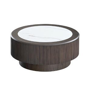 35.43 in Modern Faux Marble Pattern Stickers Coffee Table Round Coffee Table for Living Room,Small Table with Sturdy Pedestal,Dark Brown - 1 of 1