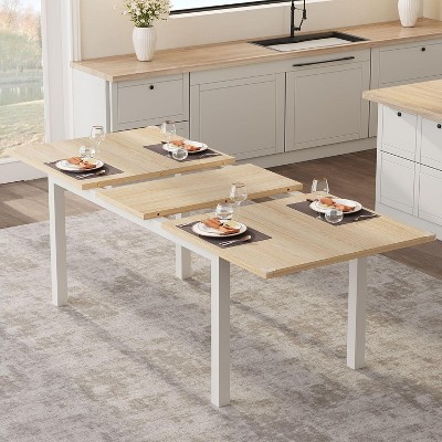Dining Table Set for 4-6 with Benches, 63" Large Extendable Dining Room Table, Wooden Kitchen Table Set with Metal Frame MDF Board Natural Wood