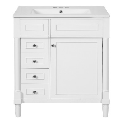 Vynxaria 30 inch Snow White Single Sink Freestanding Bath Vanity with White Ceramic Top Two Deep Drawers One Soft Close Door Adjustable Shelf