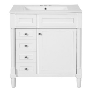 Vynxaria 30 inch Snow White Single Sink Freestanding Bath Vanity with White Ceramic Top Two Deep Drawers One Soft Close Door Adjustable Shelf - 1 of 4