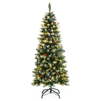 5ft Pre-lit Artificial Hinged Pencil Christmas Tree Decorated Snow Flocked Tips