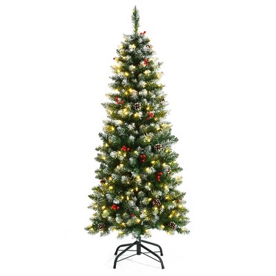 5ft Pre-lit Artificial Hinged Pencil Christmas Tree Decorated Snow Flocked Tips