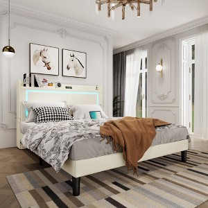 Fredees Queen Bed Frame with LED Lights and Built-in Charging Station, Upholstered Storage Headboard with Rolling Nightstands - 1 of 4