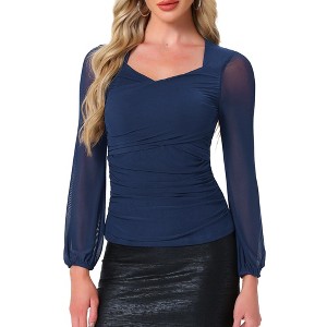 Allegra K Women's Long Sleeve Slim Fit Dressy Casual Wrap Ruched Mesh Blouse - 1 of 4