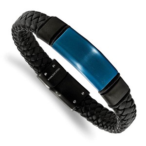 Black Bow Jewelry 10mm Blk/Blue Plated Stainless Steel Blk Leather I.D. Bracelet 8.25 In - 1 of 2