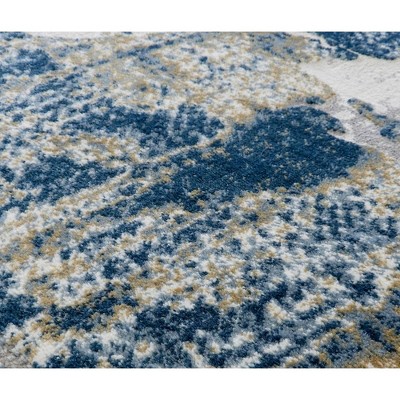 Sapphire Blue and Ivory Abstract Polyester Runner Rug