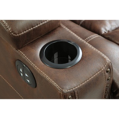 Brown Tufted Faux Leather Reclining Sofa with Storage and Cup Holder
