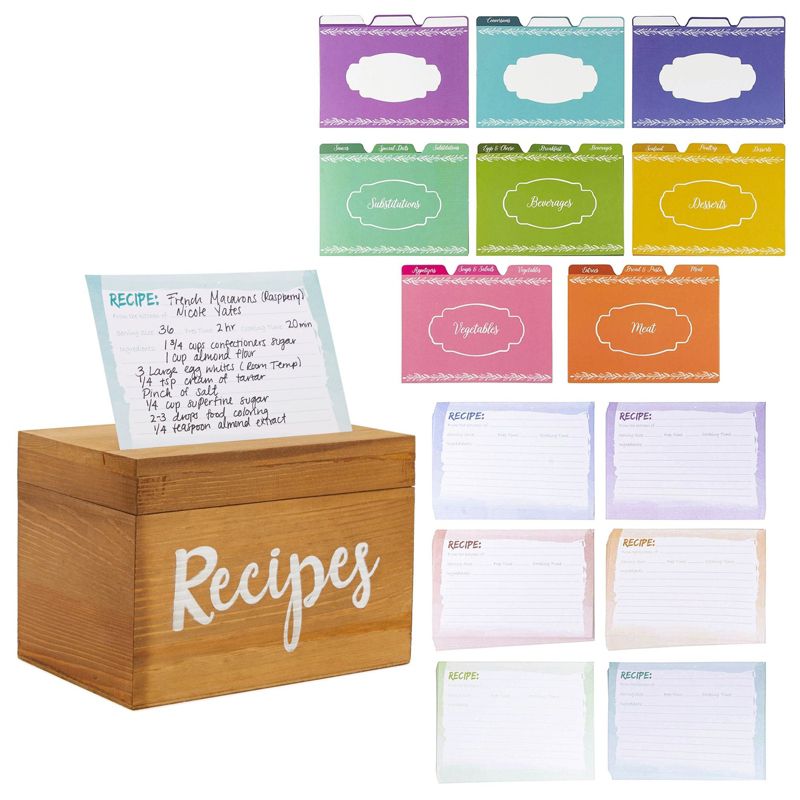 Juvale Wooden Recipe Box with 60 4x6 Cards, 24 Dividers with Tabs, and Meat, Veggie, Dessert, Beverage, Substitution, and Blank Sections, 7x5x5 in, 3 of 9