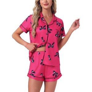 INSPIRE CHIC Women's 2 Pcs Pajama Sets Short Sleeves Cute Bow Print Soft Comfy Button Up Tops and Shorts - 1 of 4