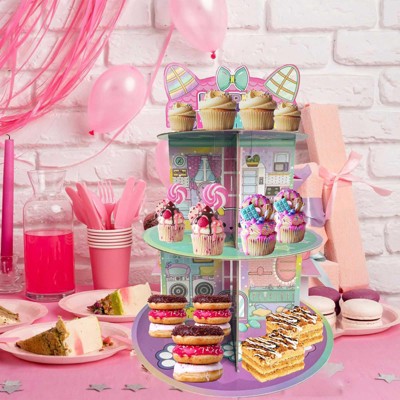 Etokfoks 3 Tier Cartoon Cat Dollhouse Cupcake Stand Pink Cardboard Dessert Tower Holds 24 Cupcakes Kids Birthday Party 17 Inch 1 Set — фото 2