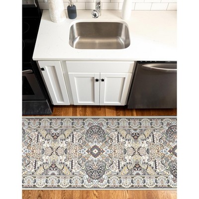 Ivory and Blue Synthetic Traditional Runner Rug, 3' x 13'