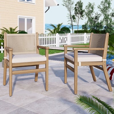 Modern Outdoor Patio Wood Dining Arm Chairs,Rope Back Garden Armrest Kitchen Dining Chair,Beige Cushioned Dining Armchair-Coolbibila
