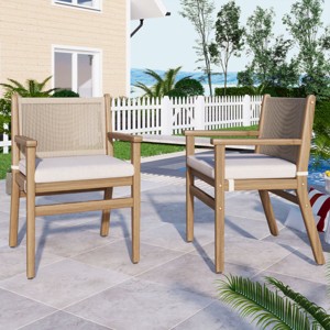 Modern Outdoor Patio Wood Dining Arm Chairs,Rope Back Garden Armrest Kitchen Dining Chair,Beige Cushioned Dining Armchair-Coolbibila - 1 of 4