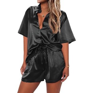 Ekouaer Pajamas for Women Silk Satin Pjs Soft Sleepwear Short Sleeve Button Down Pjs Top and Shorts 2 Piece Lounge Set - 1 of 4