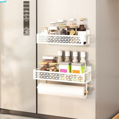 4Pack Magnetic Spice Rack For Refrigerator,Magnetic Refrigerator Shelf Organizer With Paper Towel Holder,Side Fridge Storage Rack Kitchen Home