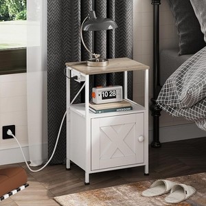 GALAXHERO Farmhouse End Table with Charging Station, Bedside Table with Open Shelf and Cabinet, Small Nightstand for Bedroom or Living Room - 1 of 4