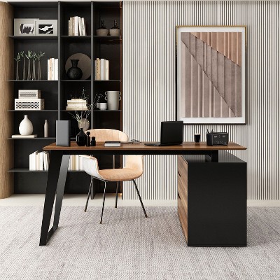 FUFU&GAGA Brown L Shaped Office Desk with Drawers Corner Computer Table