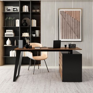 FUFU&GAGA Brown L Shaped Office Desk with Drawers Corner Computer Table - 1 of 4