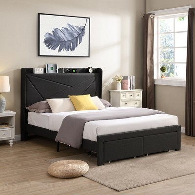 Queen Bed Frame with 2 Storage Drawers, Upholstered Platform Bed with Charging Station, Bed Frame with Storage Headboard, No Box Spring Needed