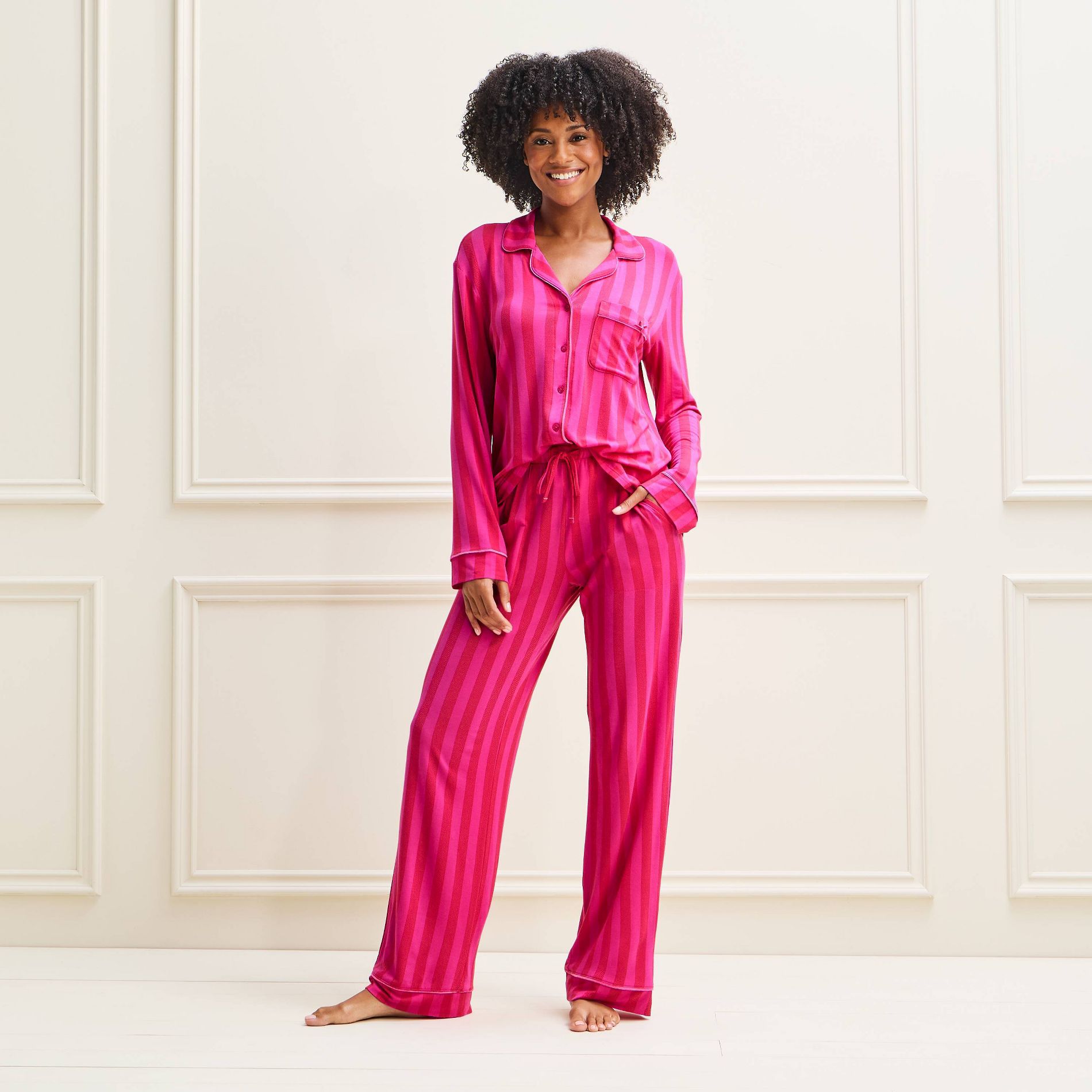 Women's Cloud Knit Modal Long Sleeve Notch Collar Top and Pants Pajama Set - Auden™
