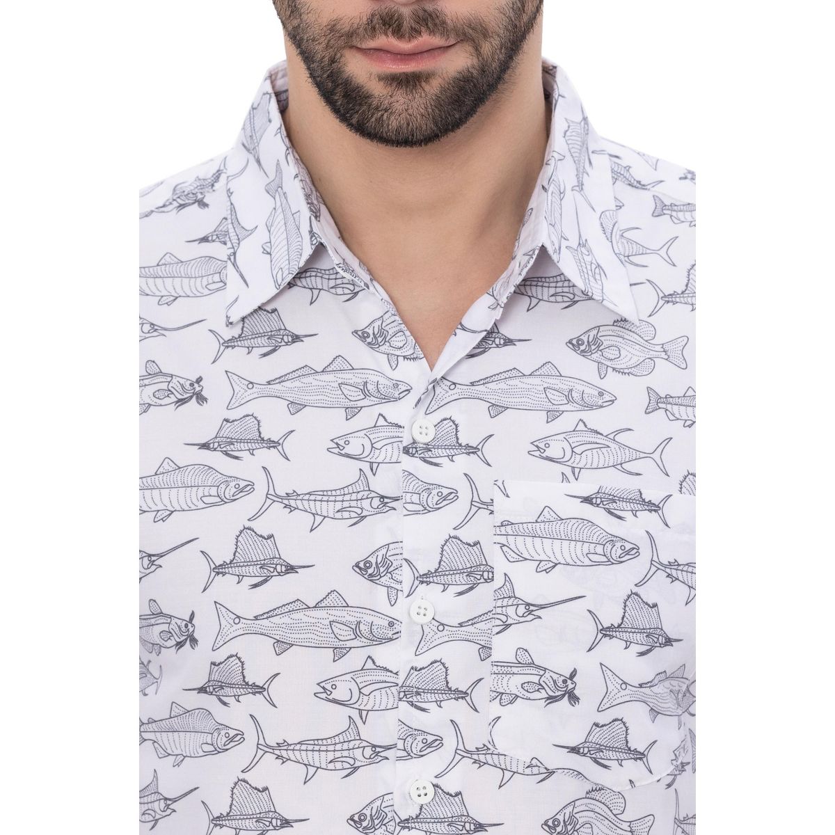 HAPPY BAY Mens Short Sleeve Button Down Casual Beach Shirt XXL Saltwater Fish White - thumbnail 3