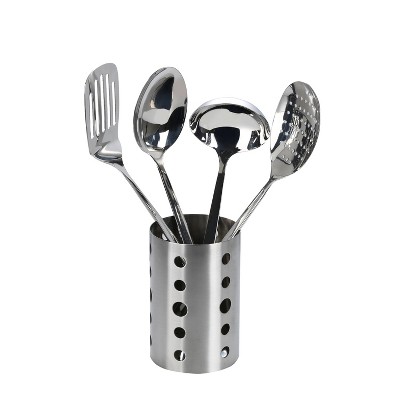 5 Pc Stainless Steel Cooking Utensil Set with Holder –  Includes Ladle, Skimmer & Serving Spoon, and Countertop Holder
