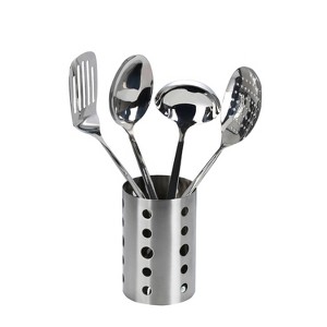 5 Pc Stainless Steel Cooking Utensil Set with Holder –  Includes Ladle, Skimmer & Serving Spoon, and Countertop Holder - 1 of 4