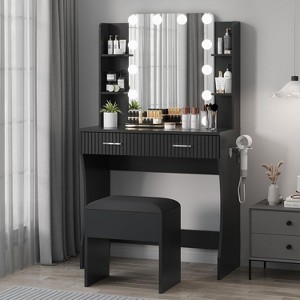 Makeup Vanity Desk with Mirror and 12 LED Lights, Vanity Table with Power Outlet, 2 Drawers 6 Shelves, Hair Dryer Holder & Stool - 1 of 4
