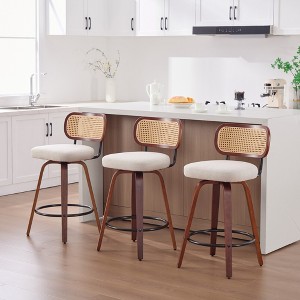 Gulches Set of 3 26 Inch Counter Height Bar Stools Walnut Black Cane Rattan Back Beige Linen Seat 360 Swivel Sturdy Wooden Legs for Kitchen Island - 1 of 4