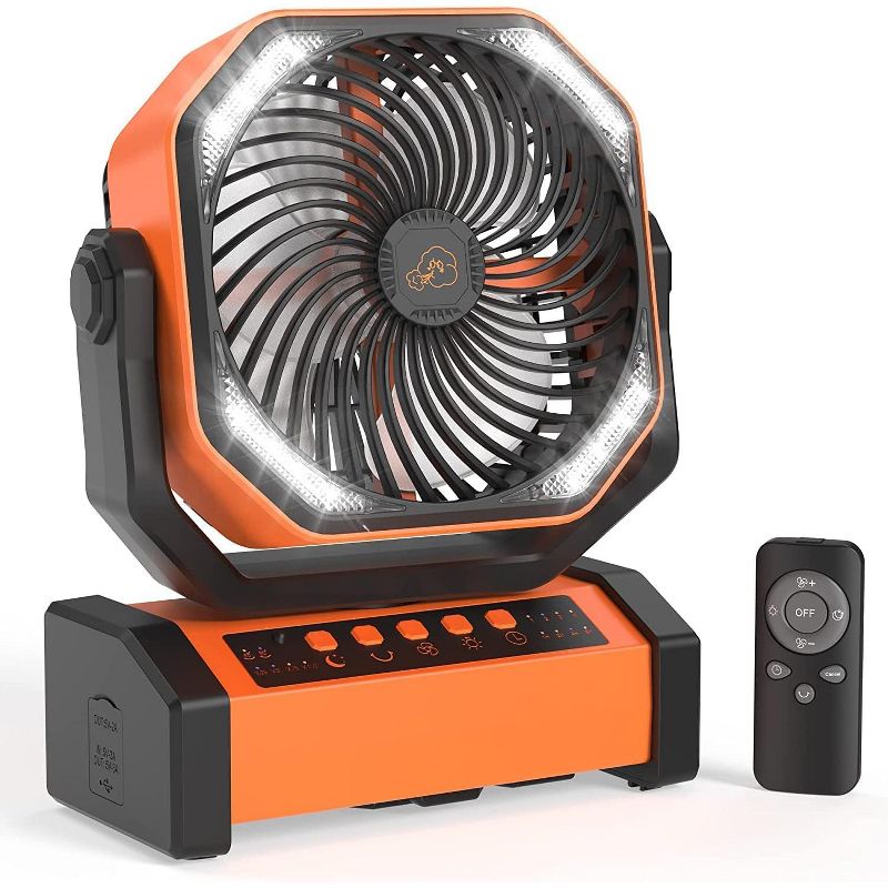 PANERGY 20000mAh Camping Fan with LED Light, Auto-Oscillating Desk Fan with Remote & Hook, Rechargeable Battery Operated Tent Fan - Orange, 1 of 9