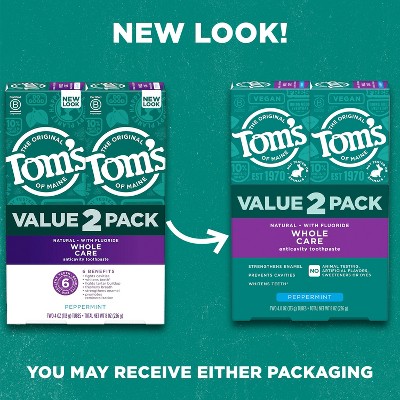 Tom's of Maine Whole Care Fluoride Toothpaste - Peppermint 2pk/4oz: Gluten-Free, Vegan, Contains Baking Soda