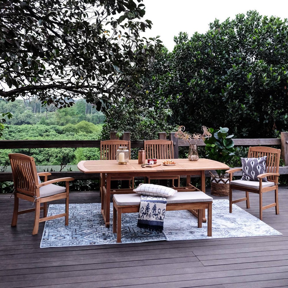 Cambridge Casual 6pc Auburn Teak Outdoor Patio Dining Furniture Set Beige/Light Brown: Weather-Resistant, 6-Seat Extension Table Set -  83926954