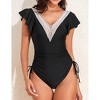 Womens Swimsuits V Neck Lace Trim Flutter Sleeve Tie Side Swimsuit - 3 of 3