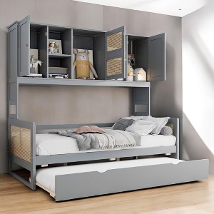 Mshliw Wooden Daybed with Trundle, Glass Storage Cabinets, Shelves & LED Lighting - Modern Pine Frame with Built-in Storage - 1 of 4