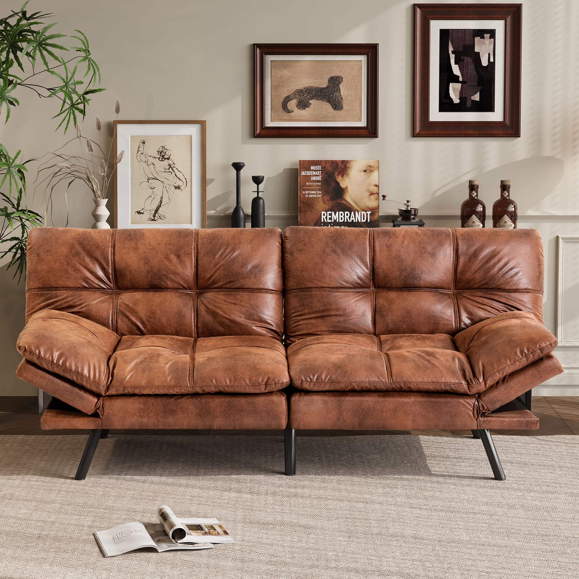 Dyonery 71" Convertible Futon Sofa Bed,Faux Leather Futon Couch,Memory Foam Modern Folding Loveseat Sofa Bed, for Living Room,Office,Brown