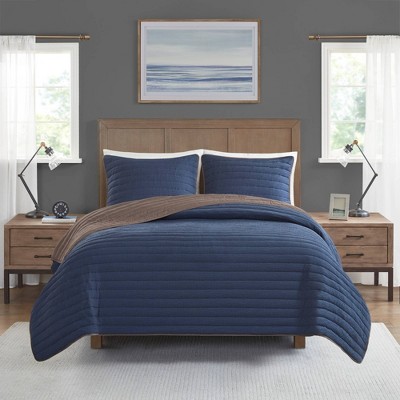 Navy and Brown Reversible Microfiber Full Quilt Set