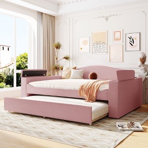 Okak Full Teddy Fleece Daybed with Trundle & Storage Armrests Upholstered Bed Sofa Bed Frame with Bluetooth Audio System Easy to Assemble, Pink - 1 of 4