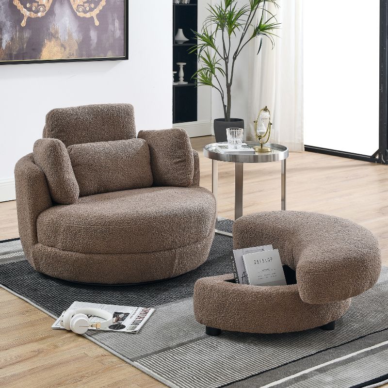39" Accent Round Loveseat Circle Barrel Chairs, Oversized Swivel Chair with Moon Storage Ottoman-ModernLuxe, 1 of 12