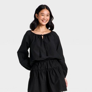 Women's Balloon Sleeve Tie-Front Top - A New Day™ Black L : Target