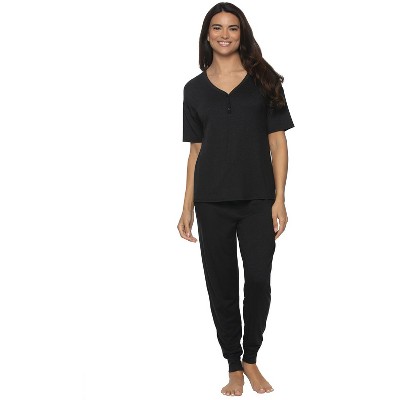 Jessie Jersey Knit Lounge Set | Felina | Henley & Jogger Lounge Set (Black,  X-Large)