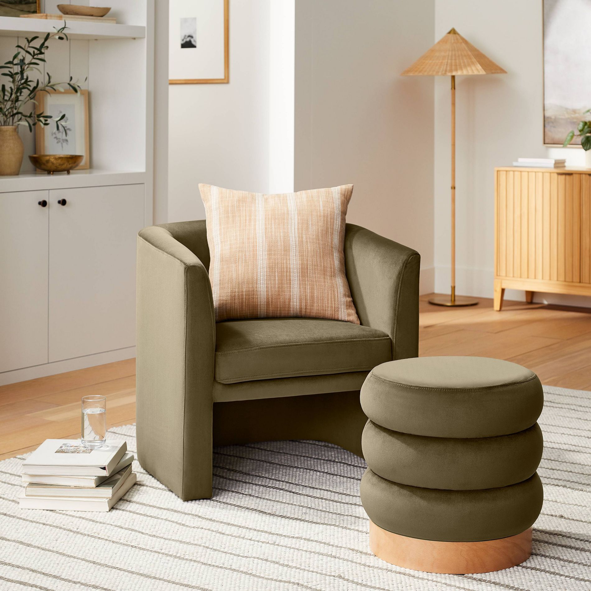 Clarkdale Channel Tufted Ottoman with Wood Base Olive Velvet - Threshold™ designed with Studio McGee: Round Footrest, No Assembly Required